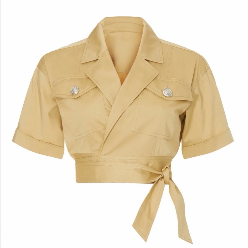 Derek Lam | Cropped Tie-Waist Short Sleeve Jacket in Beige